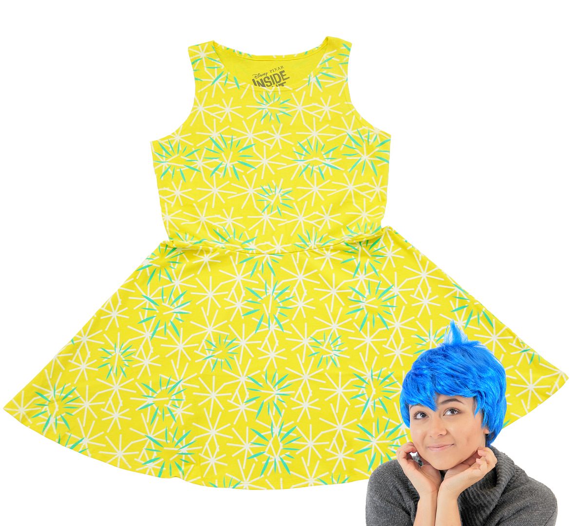 Youth Disney Pixar Movie Inside Out Emotion Joy Skater Dress & Wig