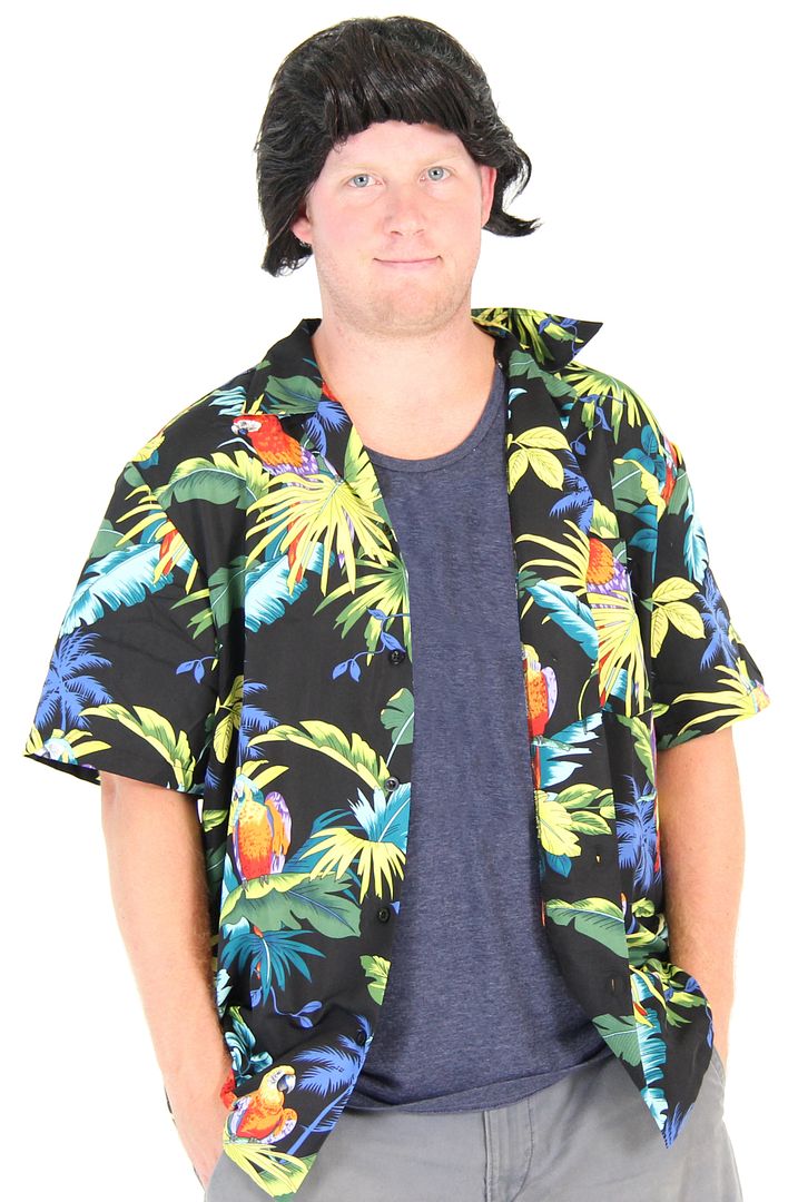 Adult Movie Pet Detective Hawaiian Aloha Button Up Tee Shirt & Wig ...